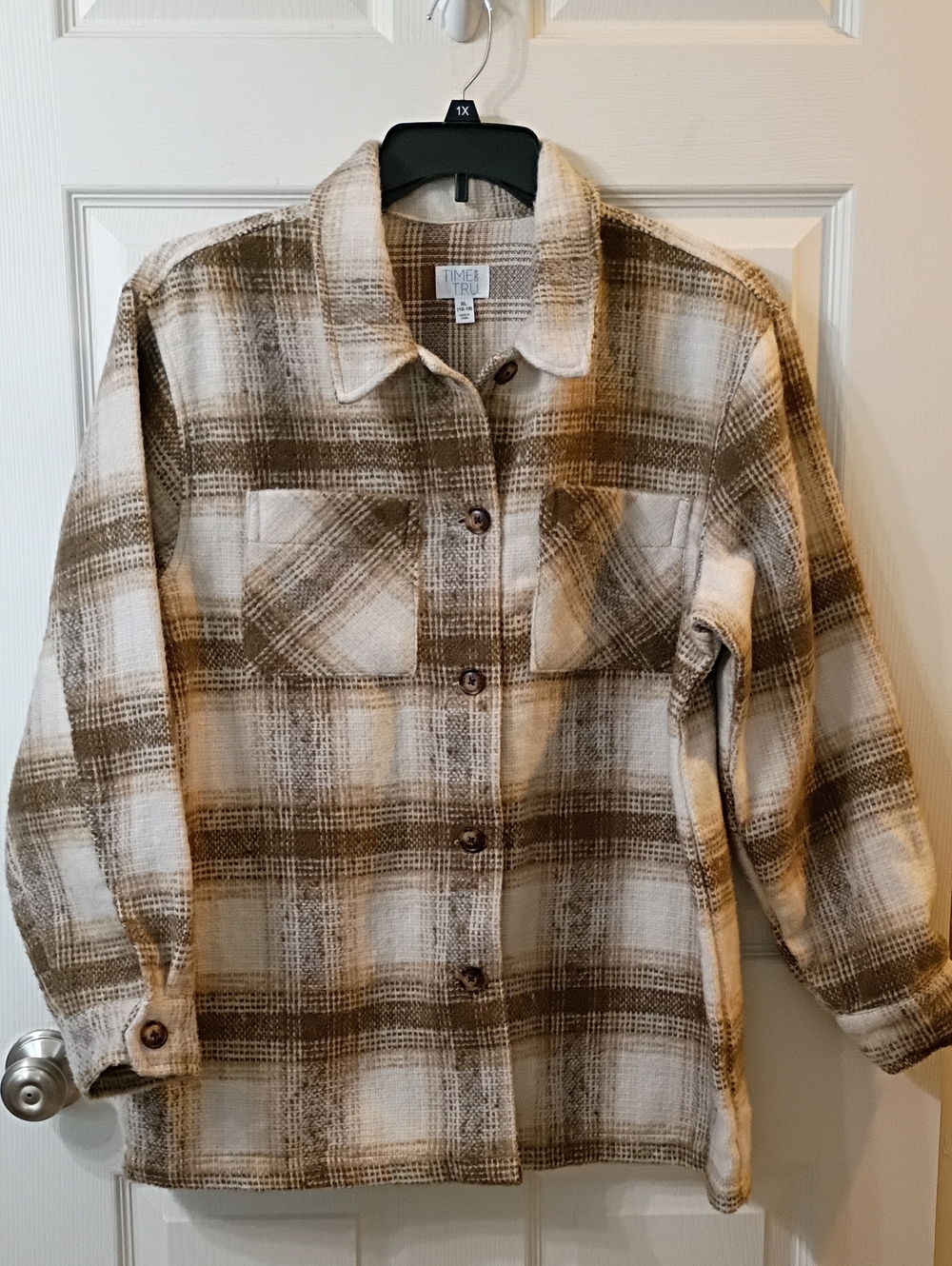 Time and Tru Cream and Brown Plaid Bomber Shacket